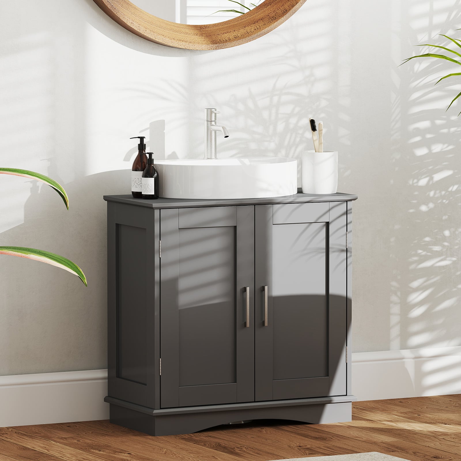 60 cm Pedestal Sink Bathroom Vanity Cabinet with Adjustable Shelf-Grey