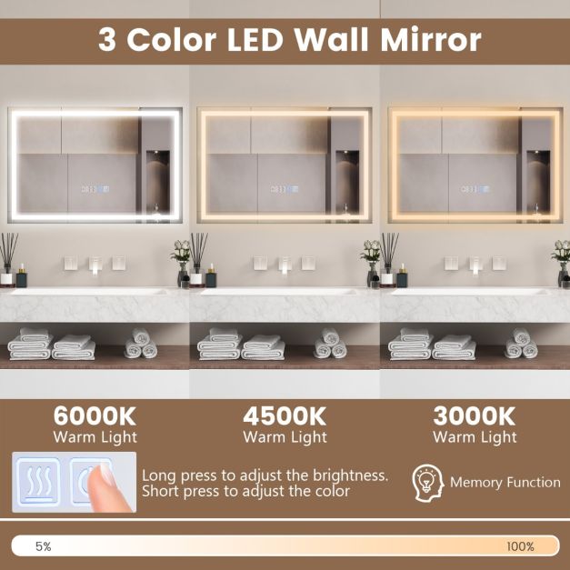 60 x 40 CM LED Bathroom Mirror with 3-Color Dimmable Lights