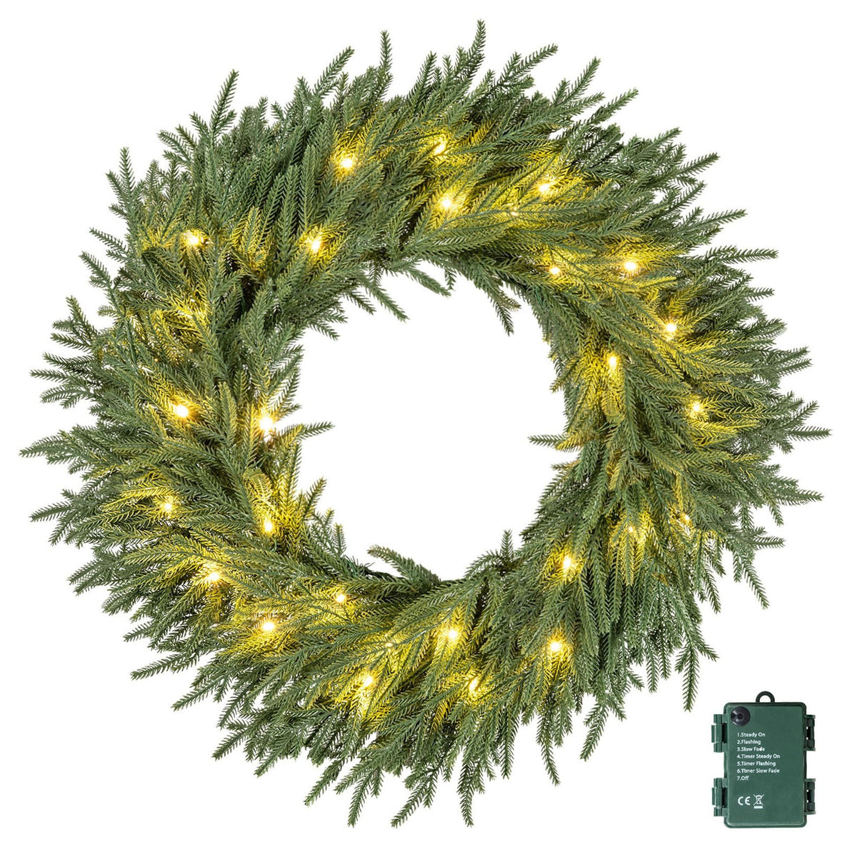 60cm Artificial Pre-Lit Christmas Wreath with Warm White LED Lights