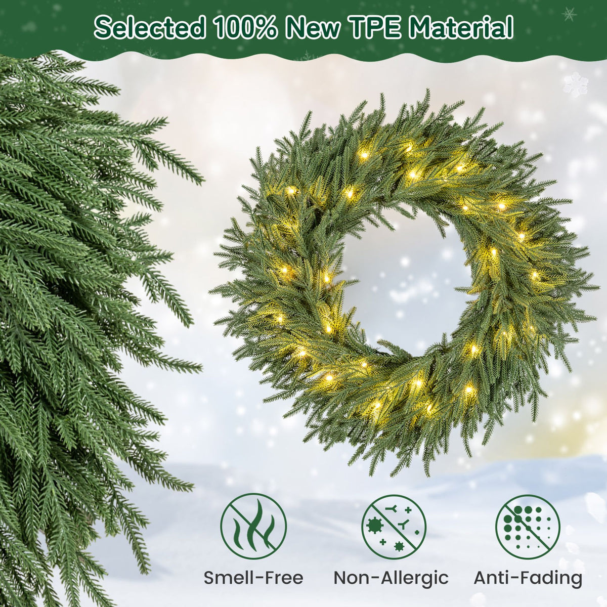 60cm Artificial Pre-Lit Christmas Wreath with Warm White LED Lights