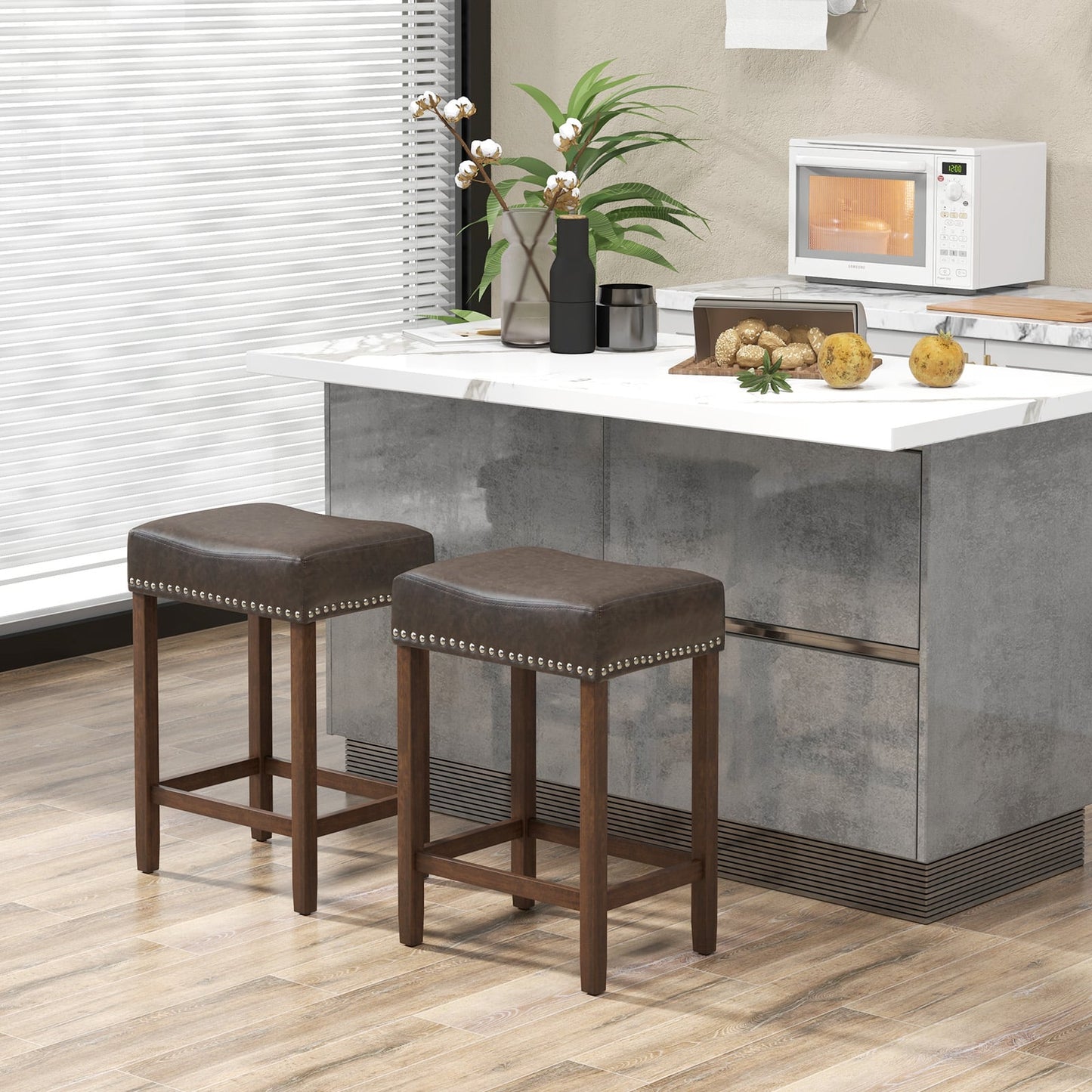 60cm Bar Stool Set of 2 Counter Height Saddle Stools-Grey