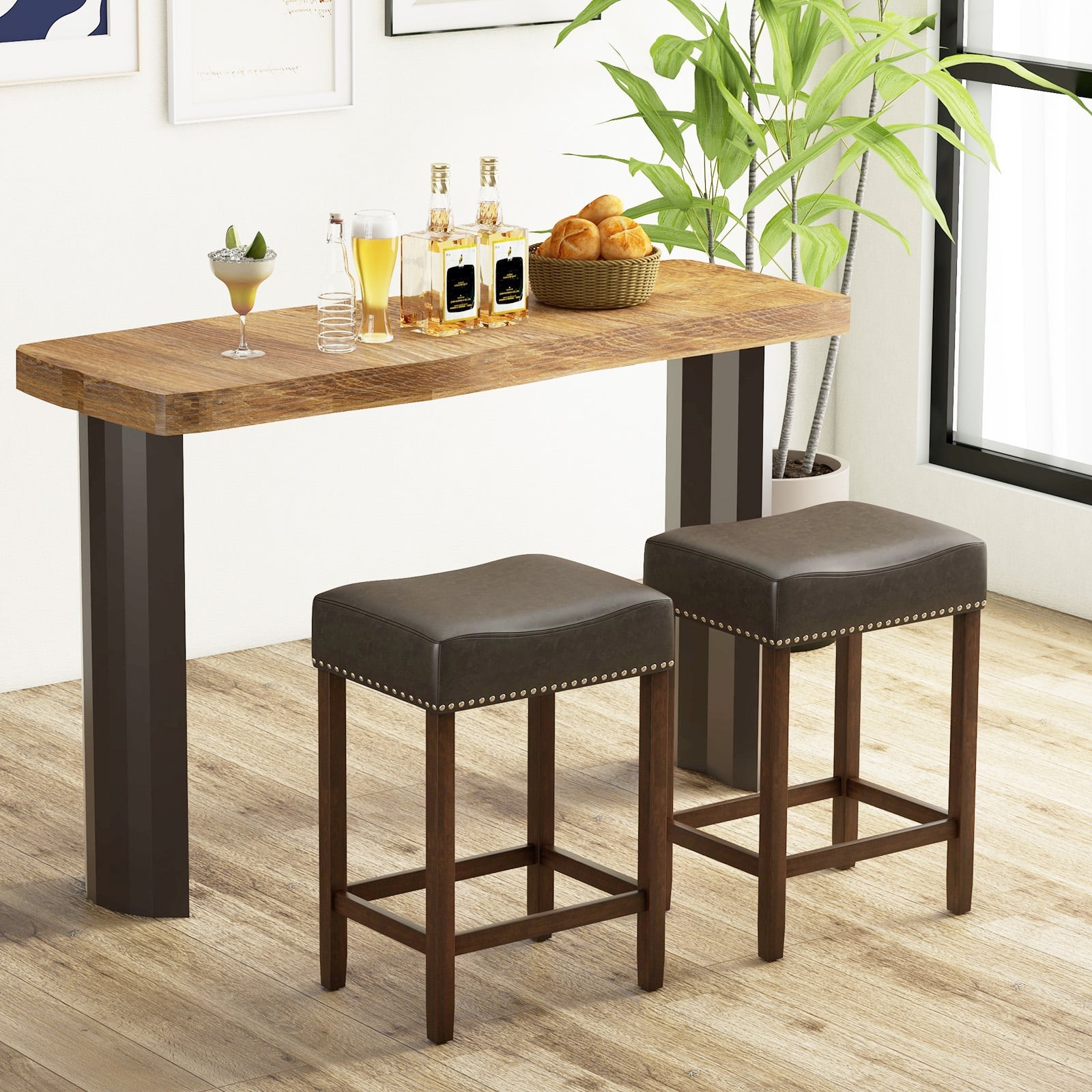 60cm Bar Stool Set of 2 Counter Height Saddle Stools-Grey