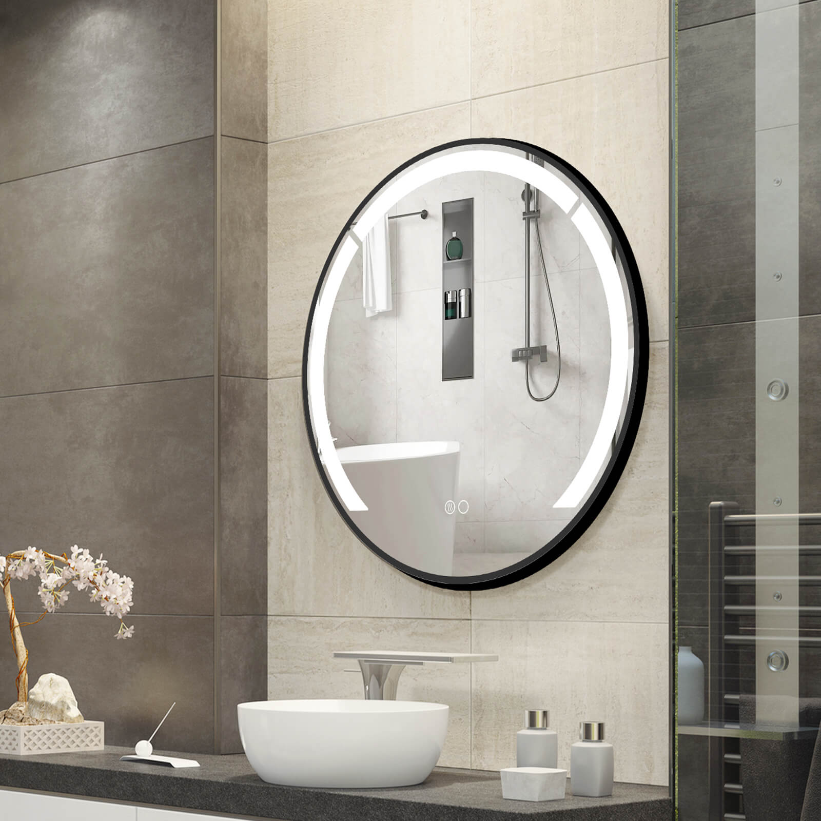 60 cm Round LED Bathroom Mirror with 3 Light Colors-Black