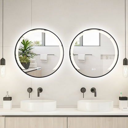 60 cm Round LED Bathroom Mirror with 3 Light Colors-Black