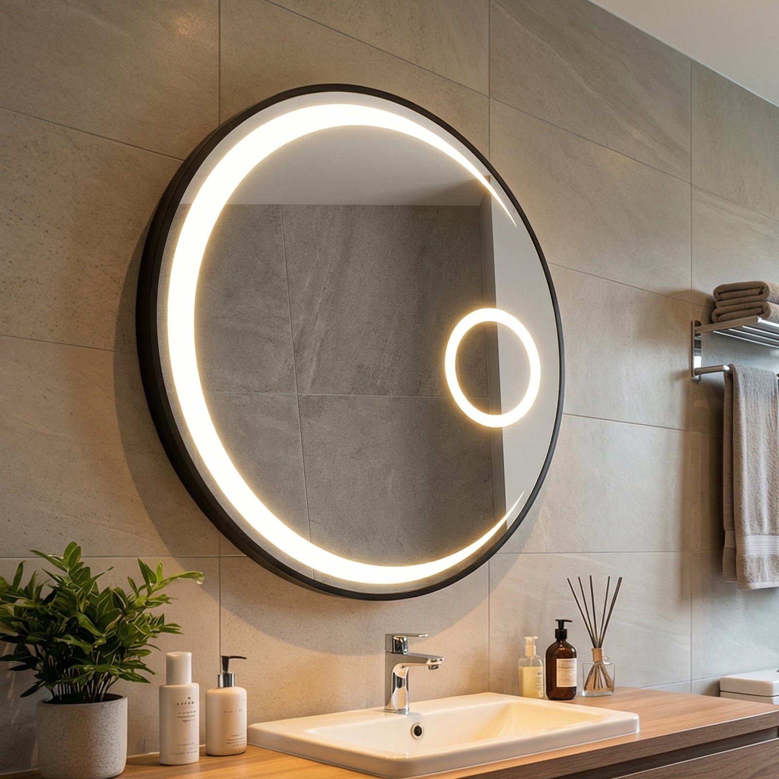 60 cm Round LED Bathroom Mirror with 3 Light Colors and Magnification Mirror-Black