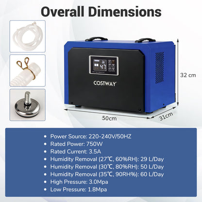 60L Crawl Space Dehumidifier with Drain Hose and 24H Timer-Blue