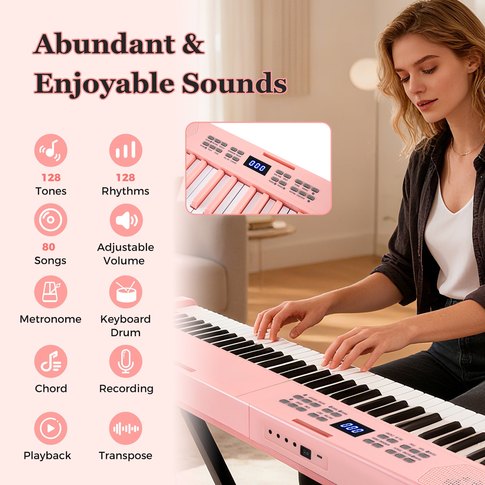 61-Key Foldable Piano Keyboard Full-size Electronic Keyboard with MIDI and Split Function-Pink