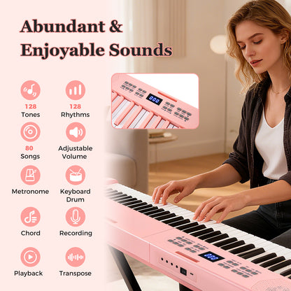 61-Key Foldable Piano Keyboard Full-size Electronic Keyboard with MIDI and Split Function-Pink