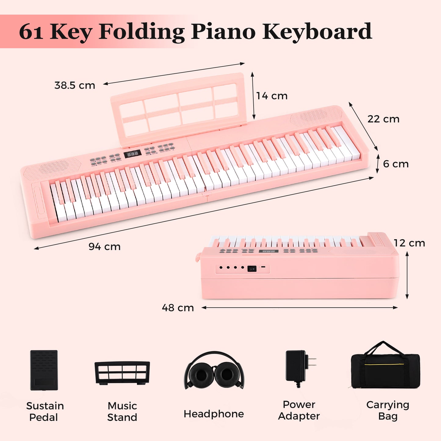 61-Key Foldable Piano Keyboard Full-size Electronic Keyboard with MIDI and Split Function-Pink