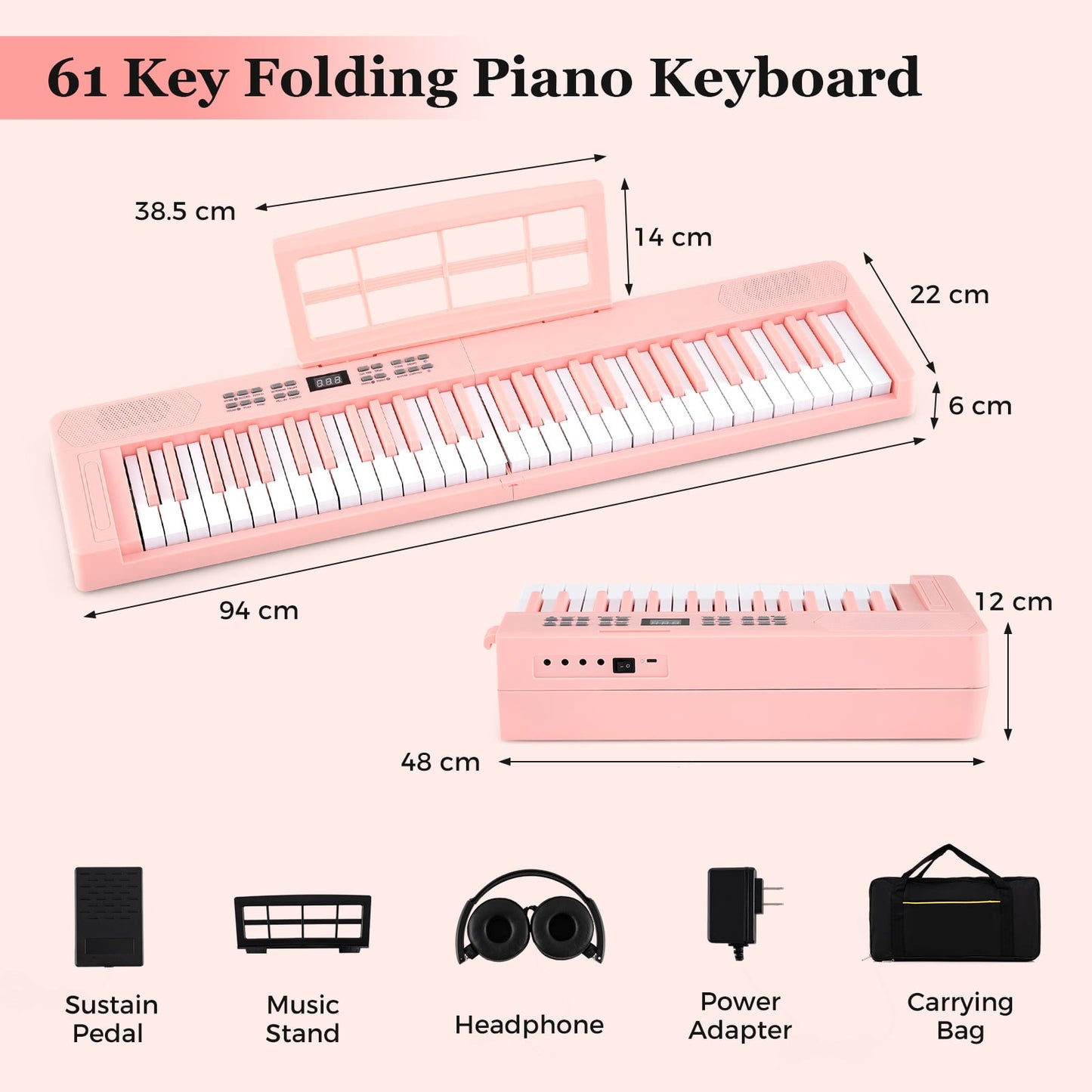 61-Key Foldable Piano Keyboard Full-size Electronic Keyboard with MIDI and Split Function-Pink
