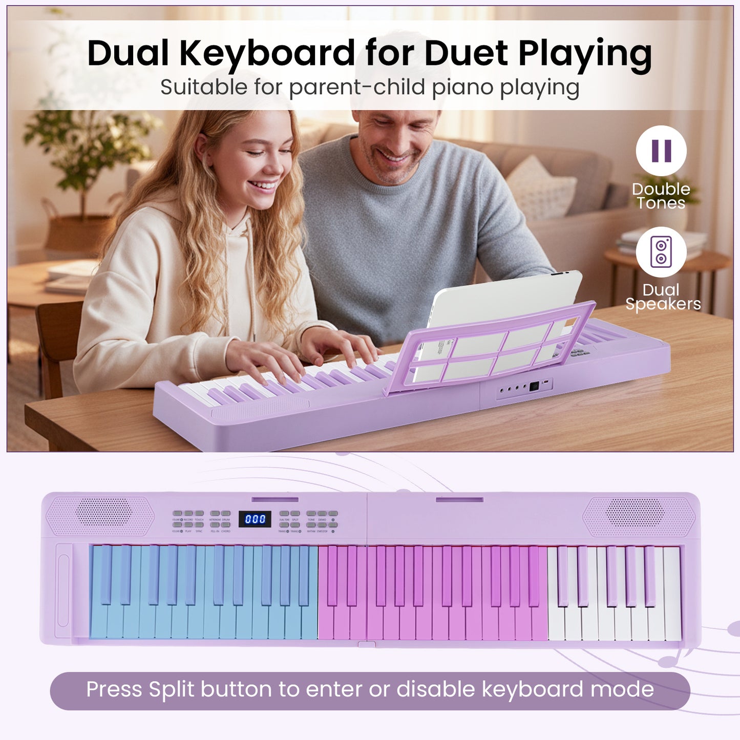 61-Key Foldable Piano Keyboard Full-size Electronic Keyboard with MIDI and Split Function-Purple