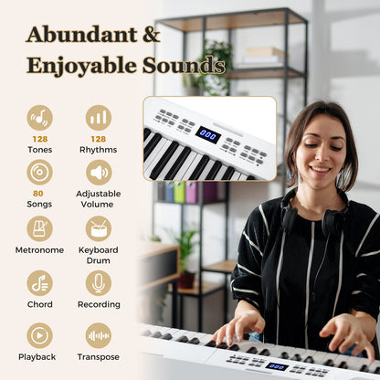 61-Key Foldable Piano Keyboard Full-size Electronic Keyboard with MIDI and Split Function-White