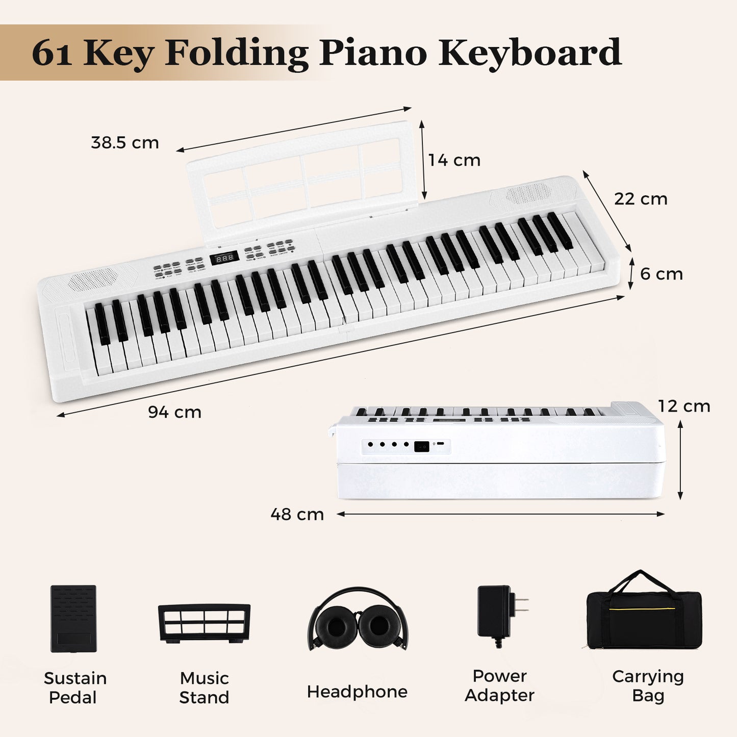 61-Key Foldable Piano Keyboard Full-size Electronic Keyboard with MIDI and Split Function-White