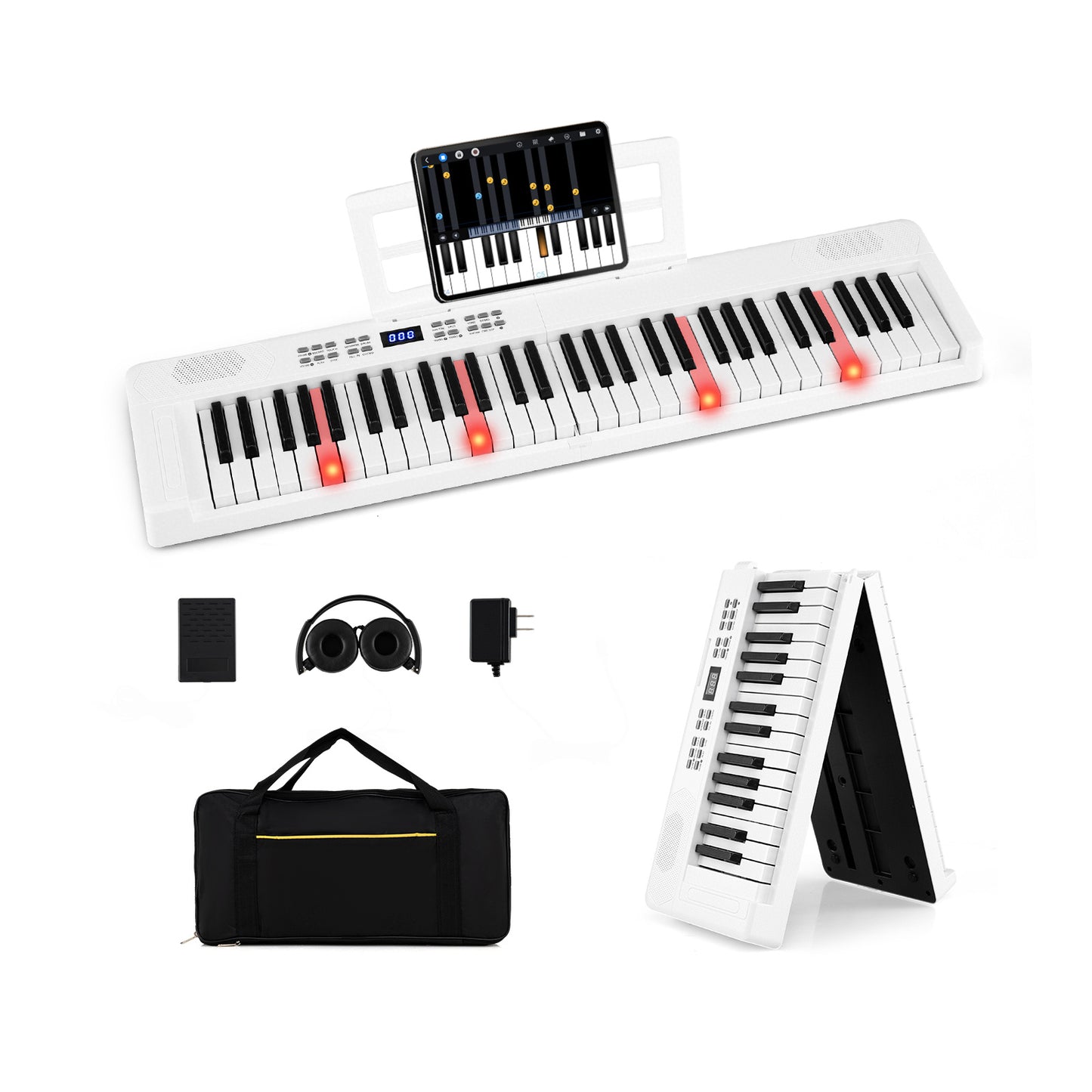 61-Key Foldable Piano Keyboard Full-size Electronic Keyboard with MIDI and Split Function-White