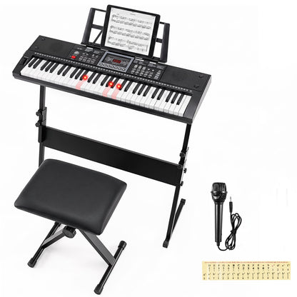 61 Key Keyboard Piano for Beginners with Stand Stool and Lighted Keys-Black