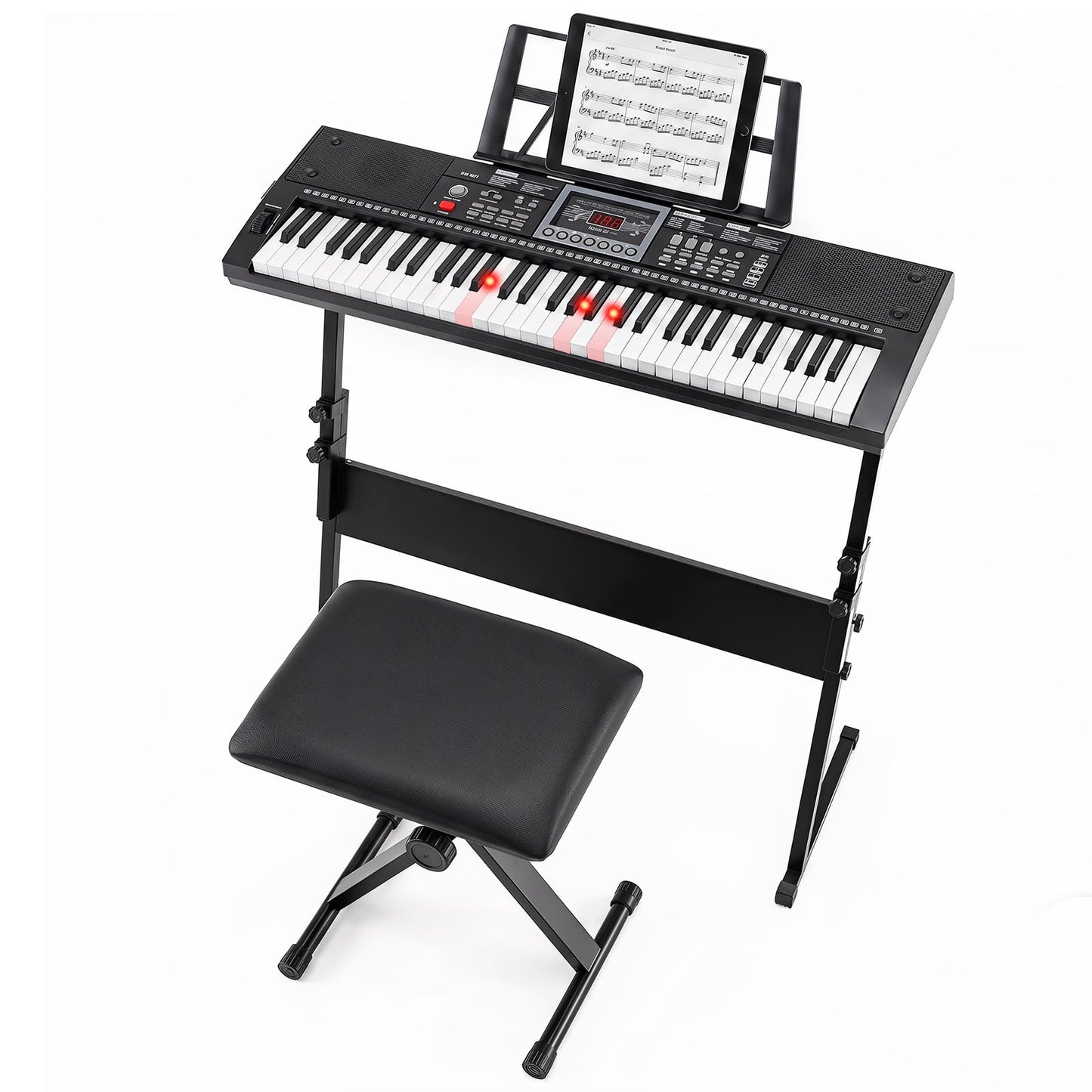 61 Key Keyboard Piano for Beginners with Stand Stool and Lighted Keys-Black