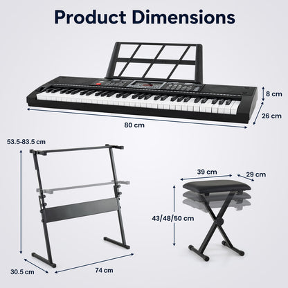 61 Key Keyboard Piano for Beginners with Stand Stool and Lighted Keys-Black