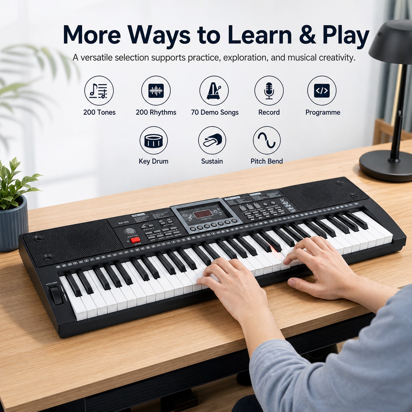 61 Key Keyboard Piano for Beginners with Stand Stool and Lighted Keys-Black