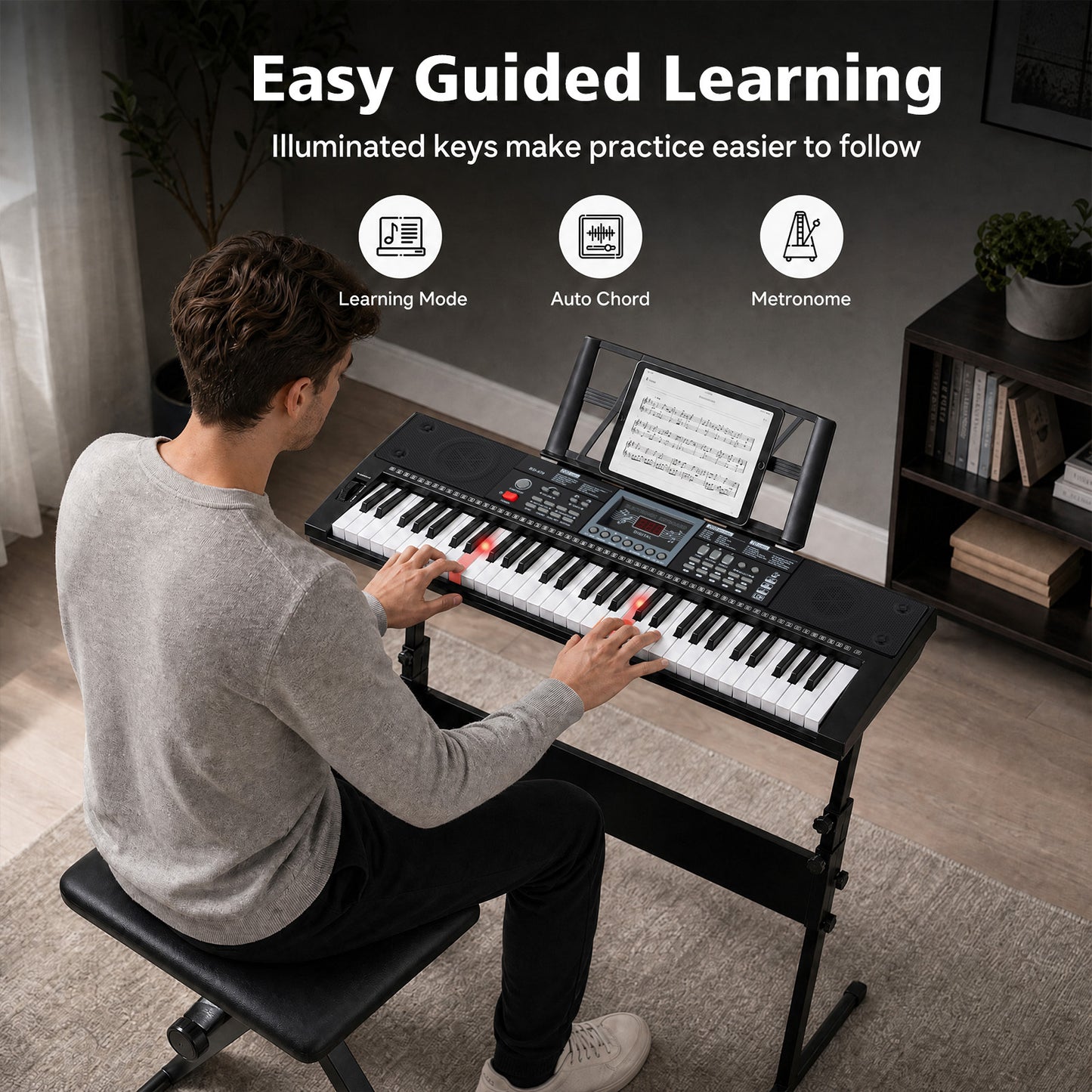 61 Key Keyboard Piano for Beginners with Stand Stool and Lighted Keys-Black