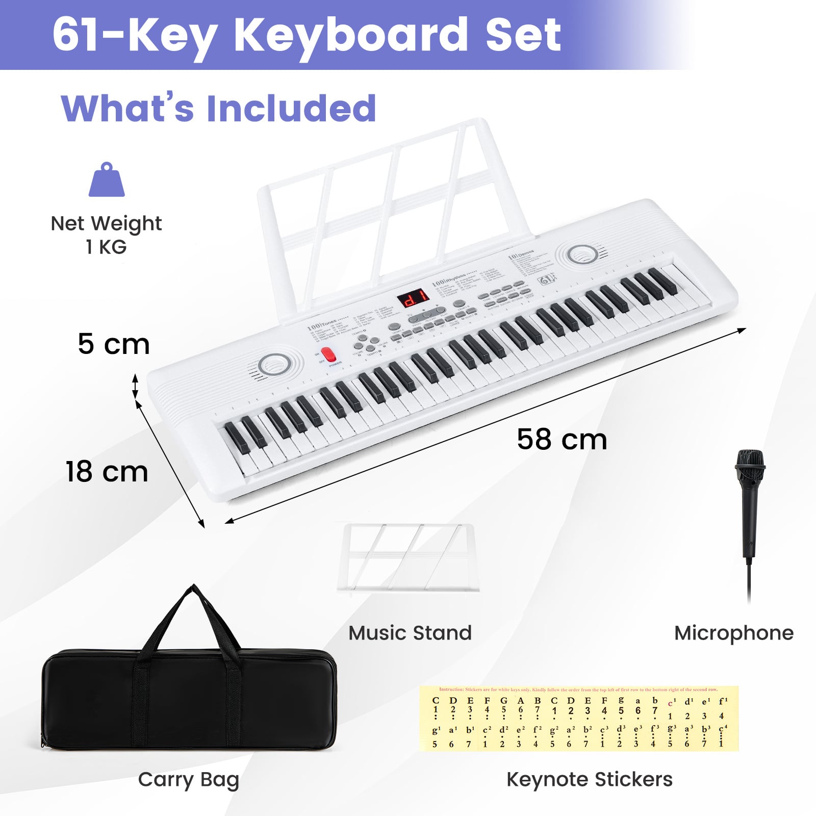 61 Key Keyboard Piano with Music Stand for Beginners-White