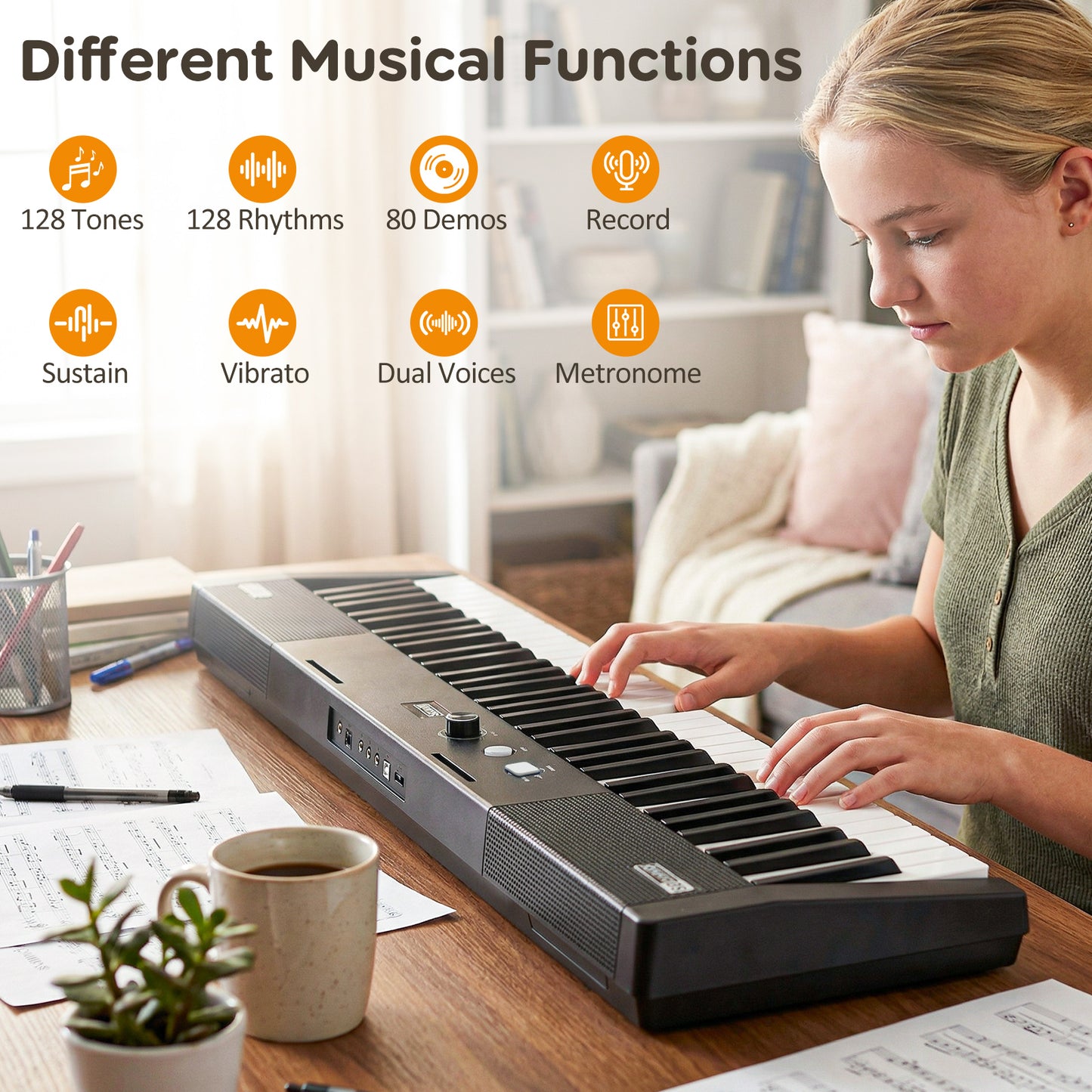 61 Keys Beginners Piano Keyboard Electric Keyboard Kit with Adjustable Stand-Black