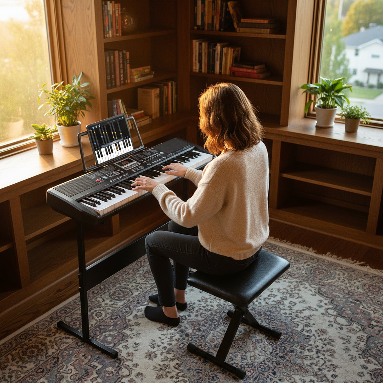 61 Keys Beginners Piano Keyboard with Adjustable Stand and Stool-Black