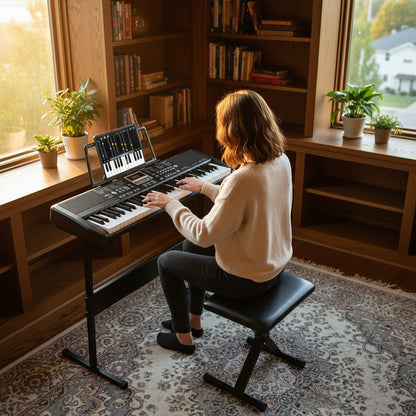 61 Keys Beginners Piano Keyboard with Adjustable Stand and Stool-Black