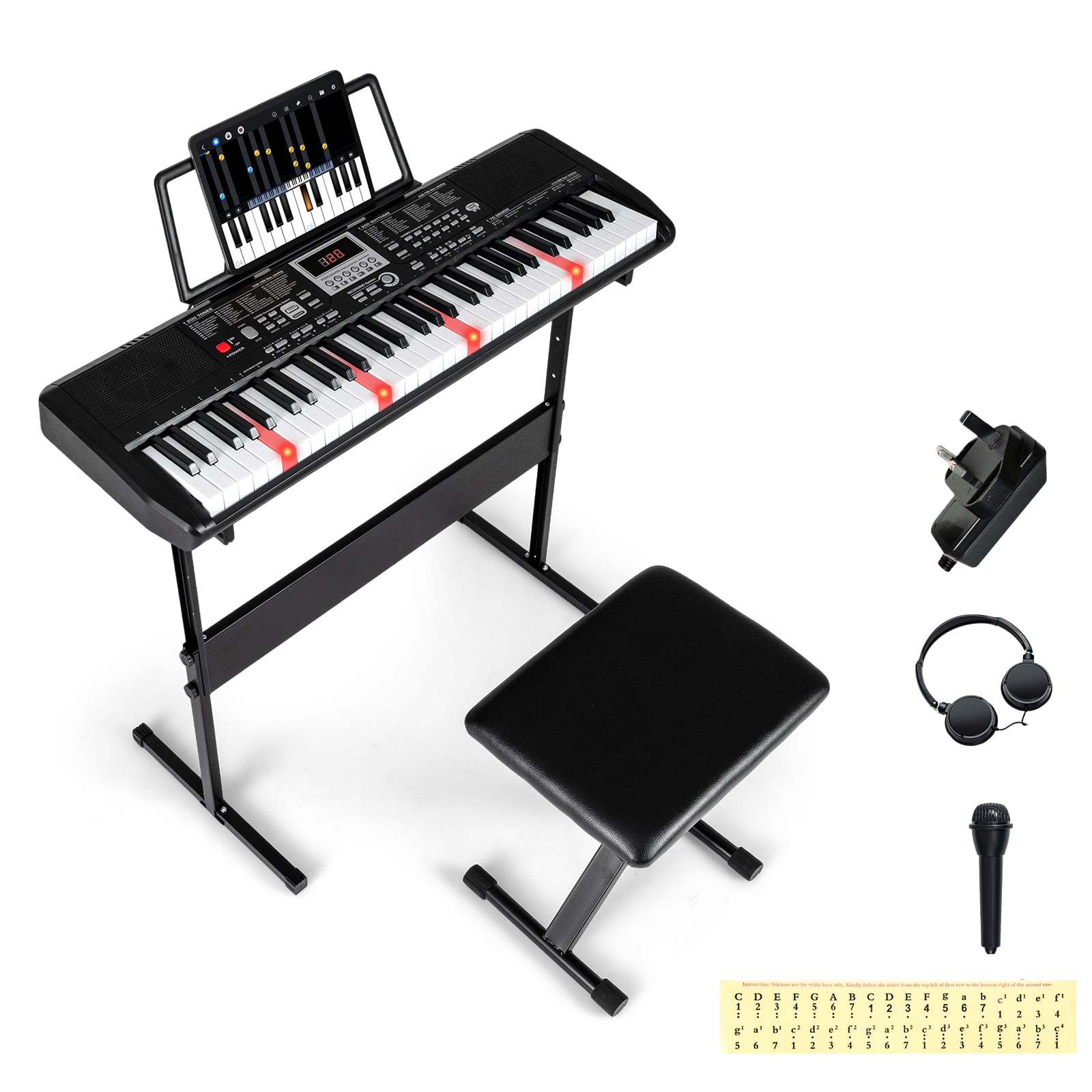 61 Keys Beginners Piano Keyboard with Adjustable Stand and Stool-Black
