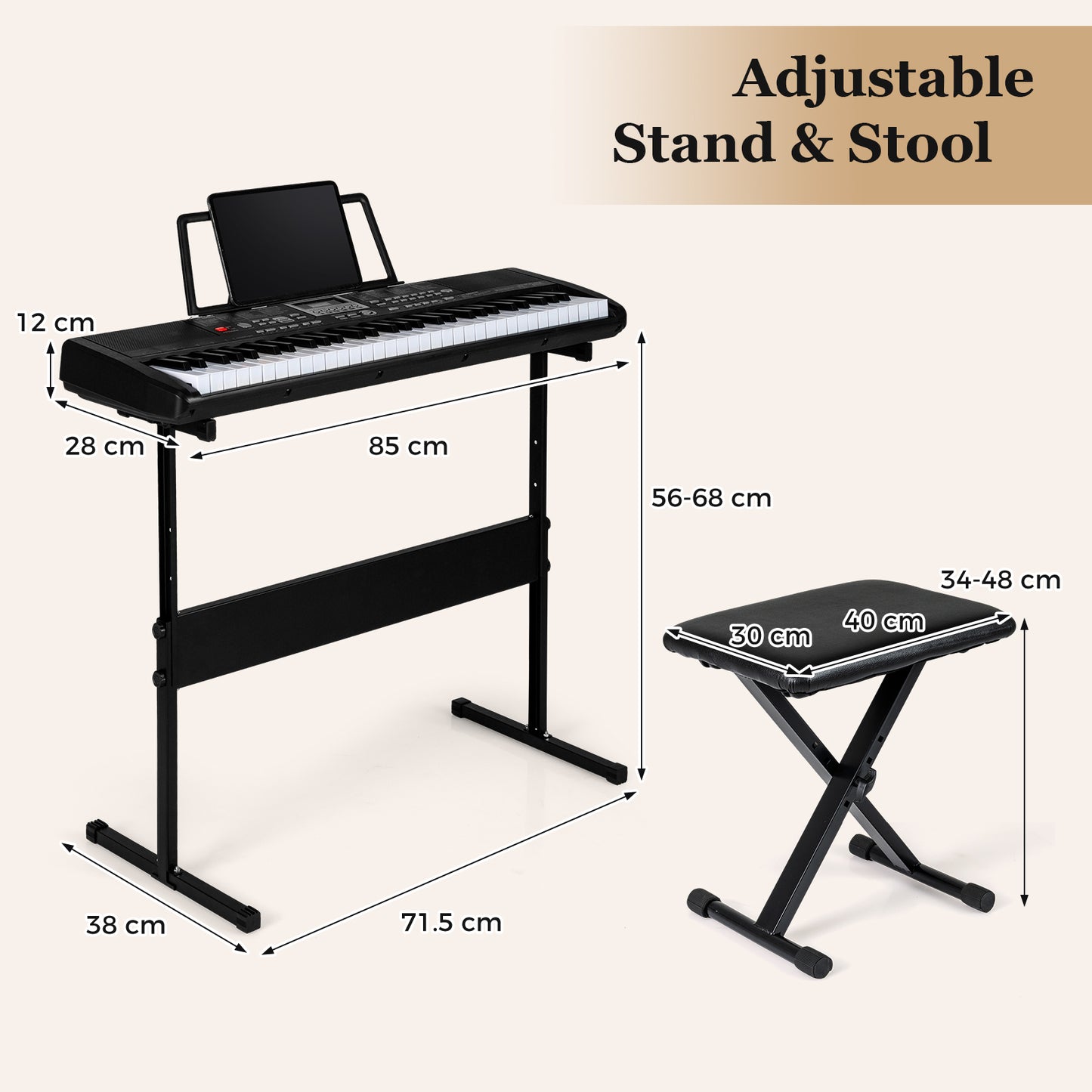 61 Keys Beginners Piano Keyboard with Adjustable Stand and Stool-Black