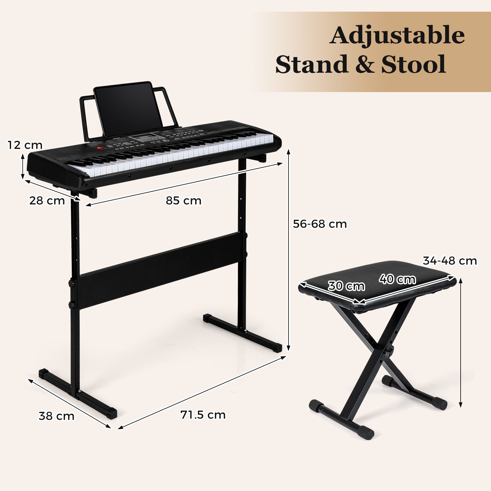 61 Keys Beginners Piano Keyboard with Adjustable Stand and Stool-Black