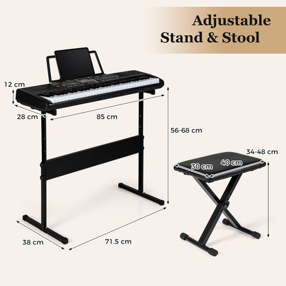 61 Keys Beginners Piano Keyboard with Adjustable Stand and Stool-Black