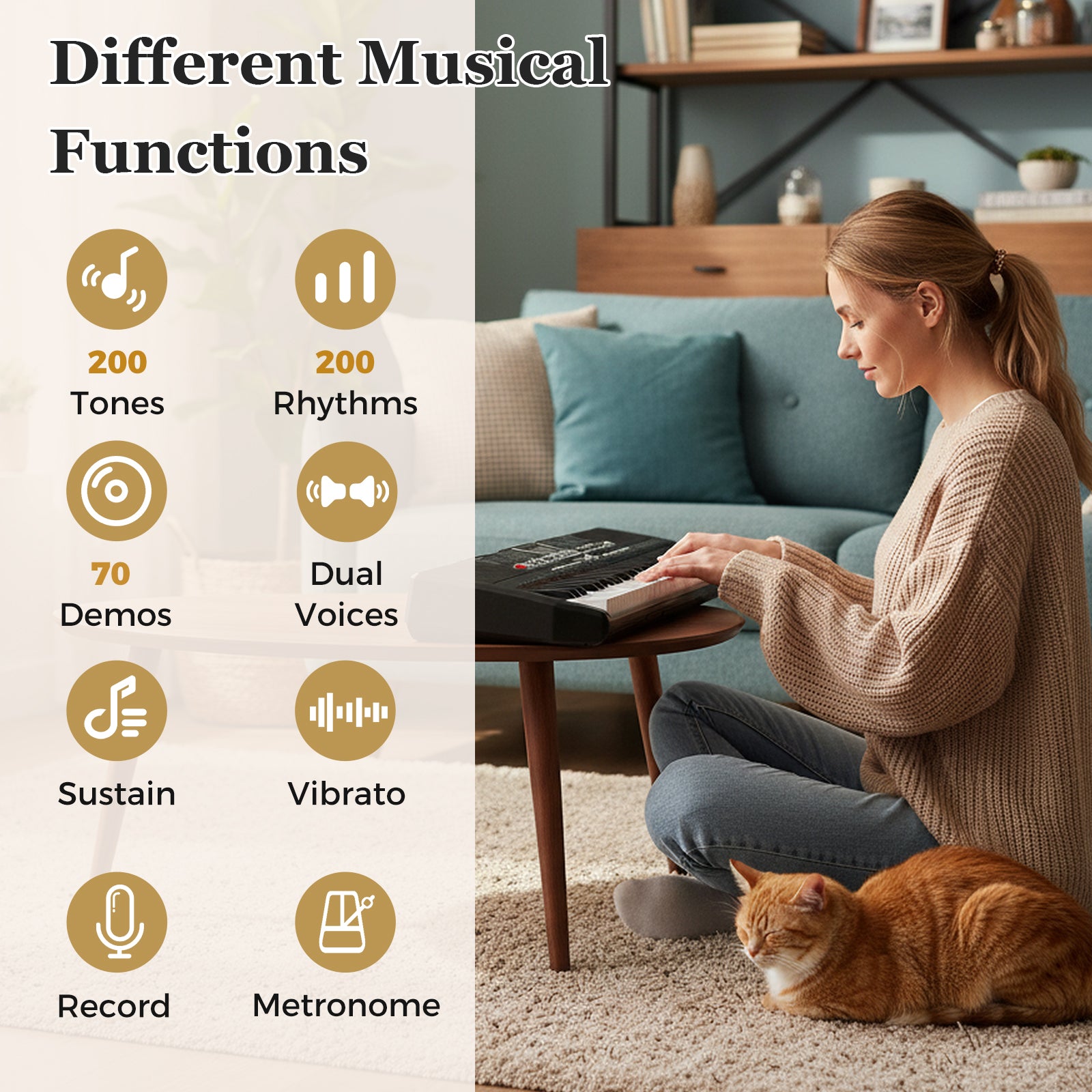 61 Keys Beginners Piano Keyboard with Adjustable Stand and Stool-Black