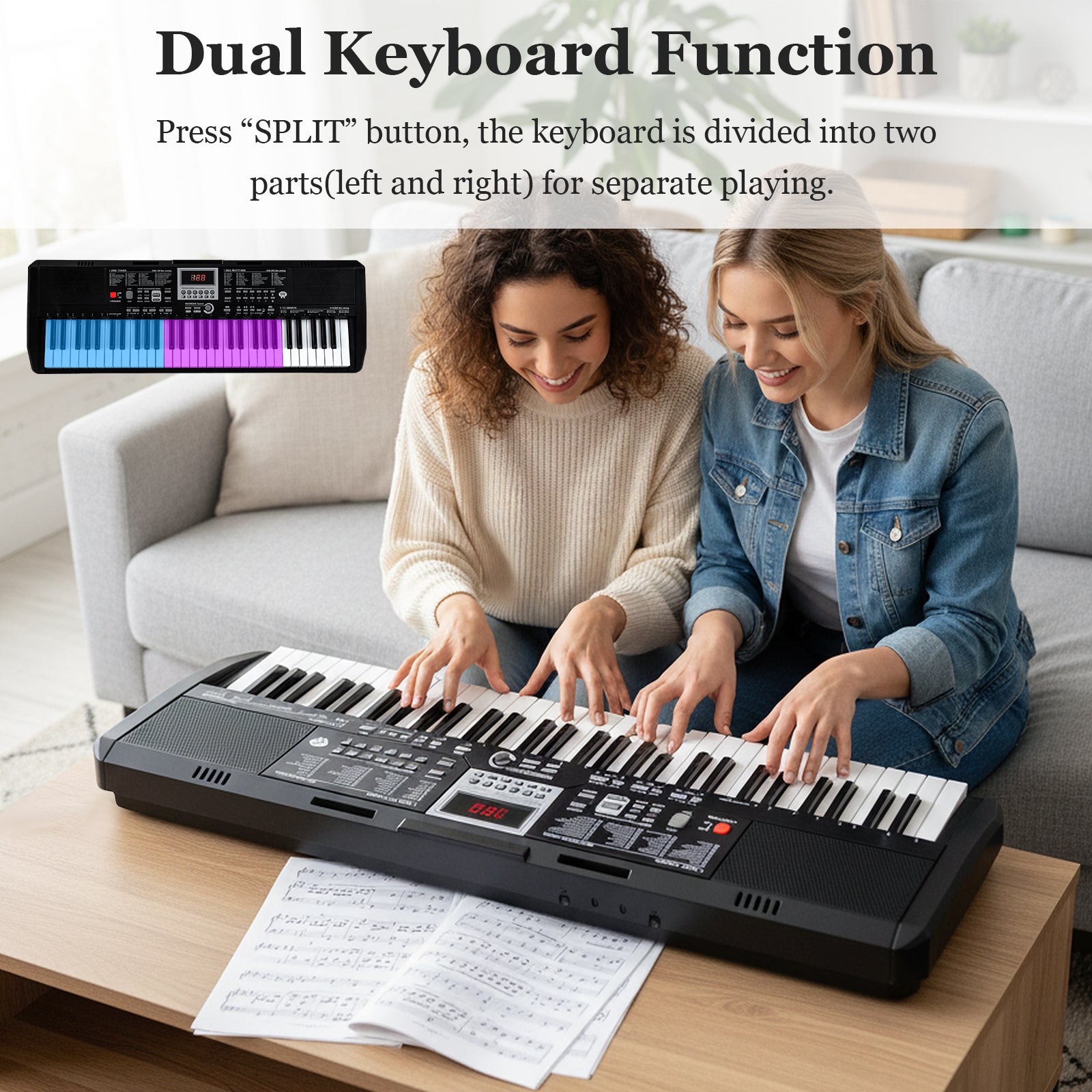 61 Keys Beginners Piano Keyboard with Adjustable Stand and Stool-Black