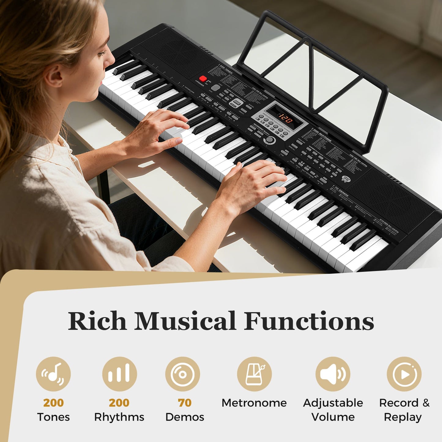 61 Keys Portable Keyboard with 200 Rhythms and 200 Tones for Beginners-Black
