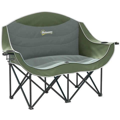 Outsunny Double Camping Chair for Adults with Armrests, Heavy Duty Oversized Padded Folding Chair with Carry Bag, Cup Holders for Outdoor Hiking Picnic Camping Fishing, 250kg Capacity, Green