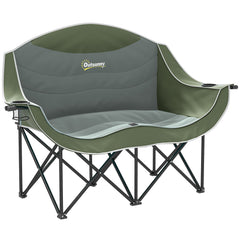 Outsunny Double Camping Chair for Adults with Armrests, Heavy Duty Oversized Padded Folding Chair with Carry Bag, Cup Holders for Outdoor Hiking Picnic Camping Fishing, 250kg Capacity, Green