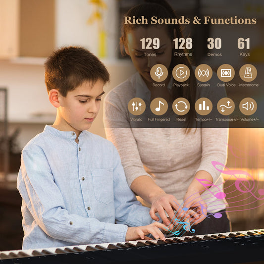 61-Key Portable Electronic Keyboard Piano with Stand and Stool