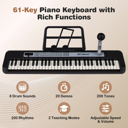61 Keys Kids Piano Keyboard with Adjustable Stand for Aged 3+ Years Old-Black