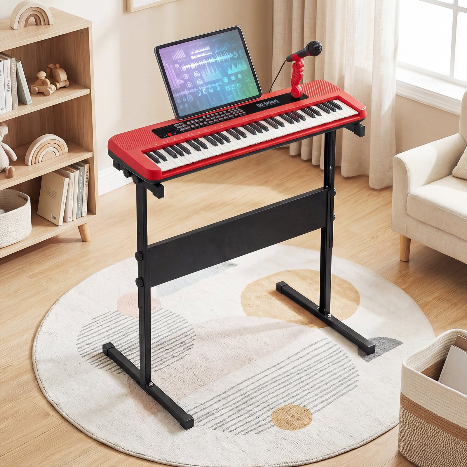 61 Keys Kids Piano Keyboard with Adjustable Stand for Aged 3+ Years Old-Red