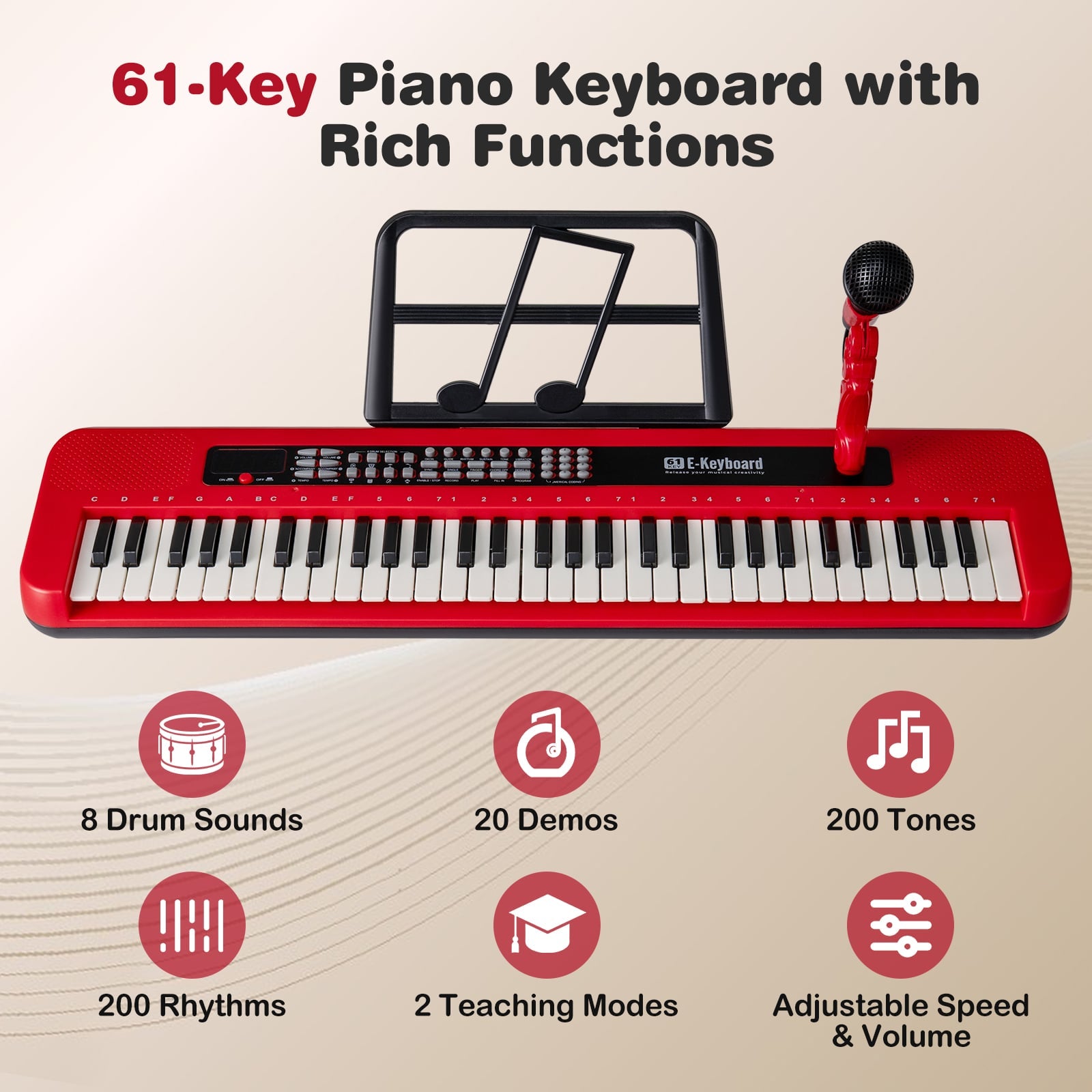 61 Keys Kids Piano Keyboard with Adjustable Stand for Aged 3+ Years Old-Red