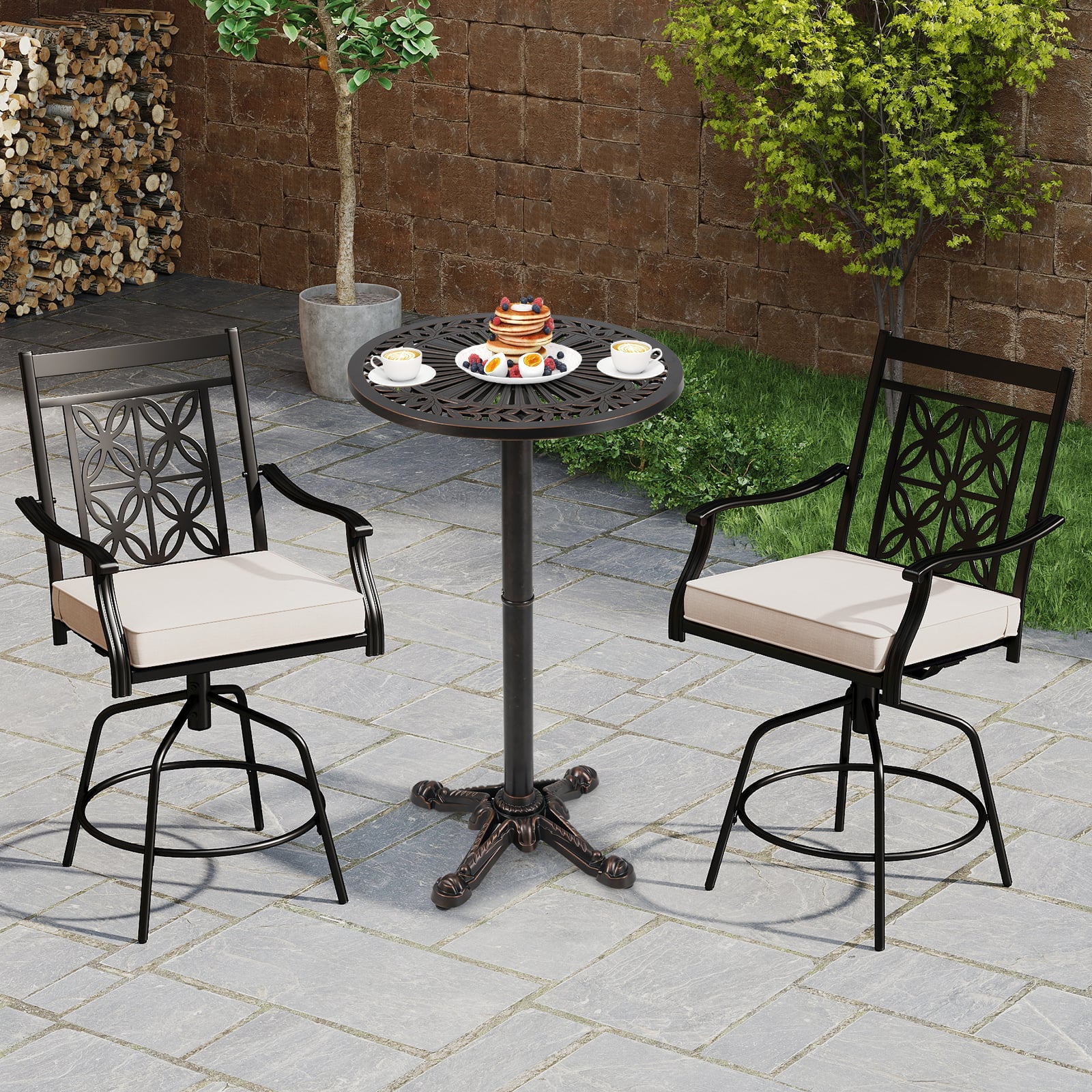 61 cm Patio Round Bar Table with Carved Texture-Bronze