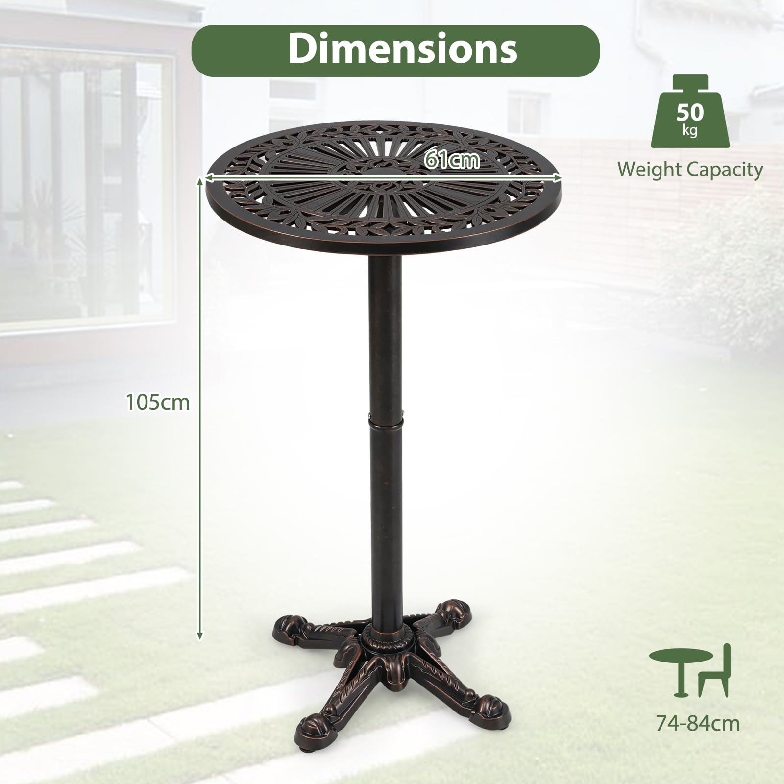 61 cm Patio Round Bar Table with Carved Texture-Bronze