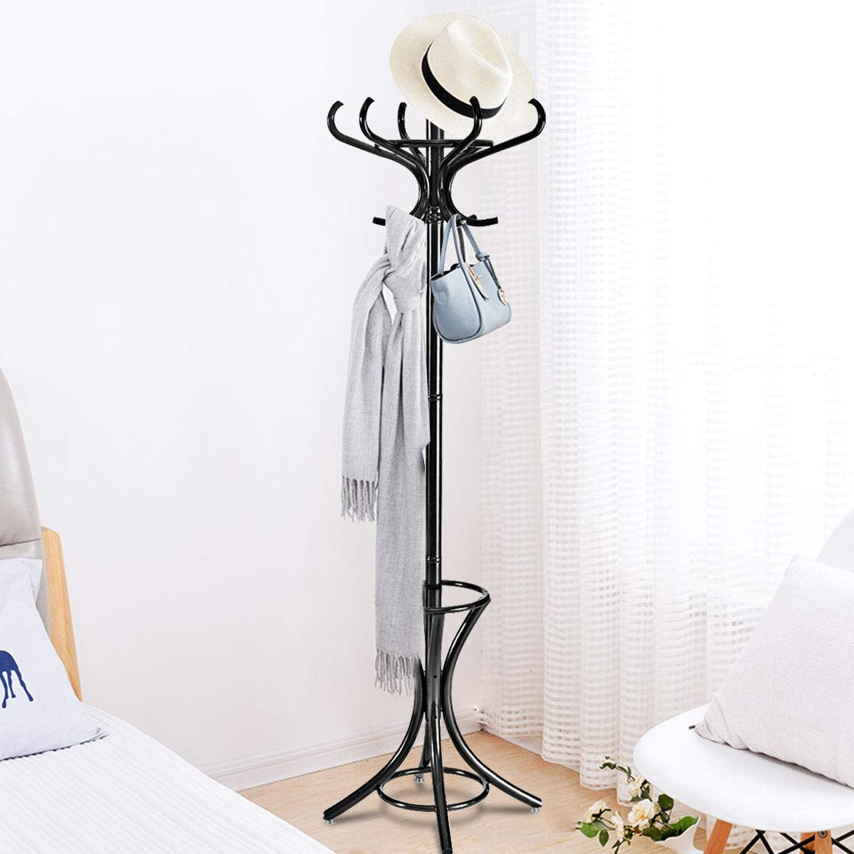 Free-standing Jacket Stand with Umbrella for Living Room-Black