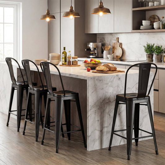 62 cm Metal Bar Stools Set of 4 with Backrests and Footrests-Black