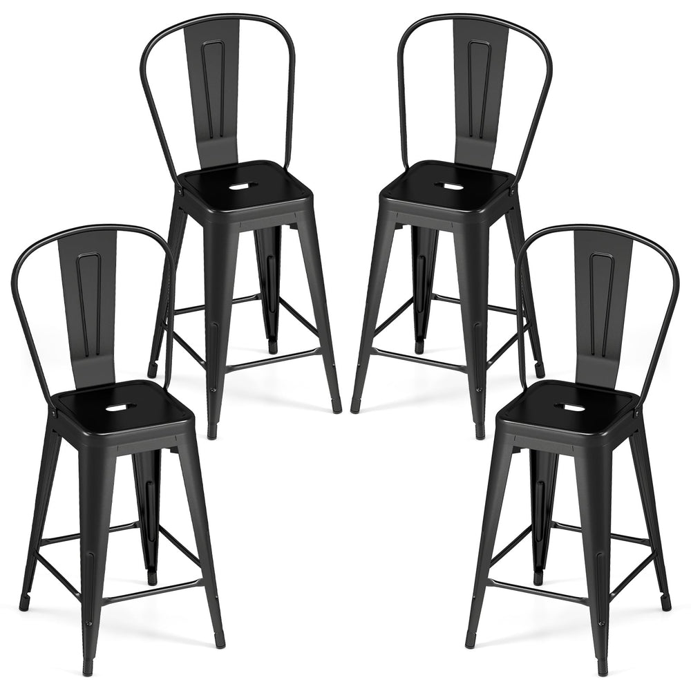 62 cm Metal Bar Stools Set of 4 with Backrests and Footrests-Black