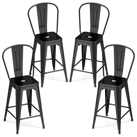 62 cm Metal Bar Stools Set of 4 with Backrests and Footrests-Black