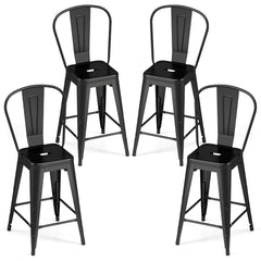 62 cm Metal Bar Stools Set of 4 with Backrests and Footrests-Black