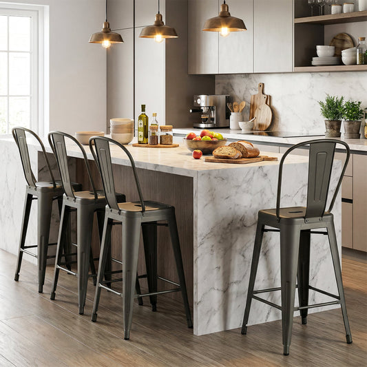 62 cm Metal Bar Stools Set of 4 with Backrests and Footrests-Gun