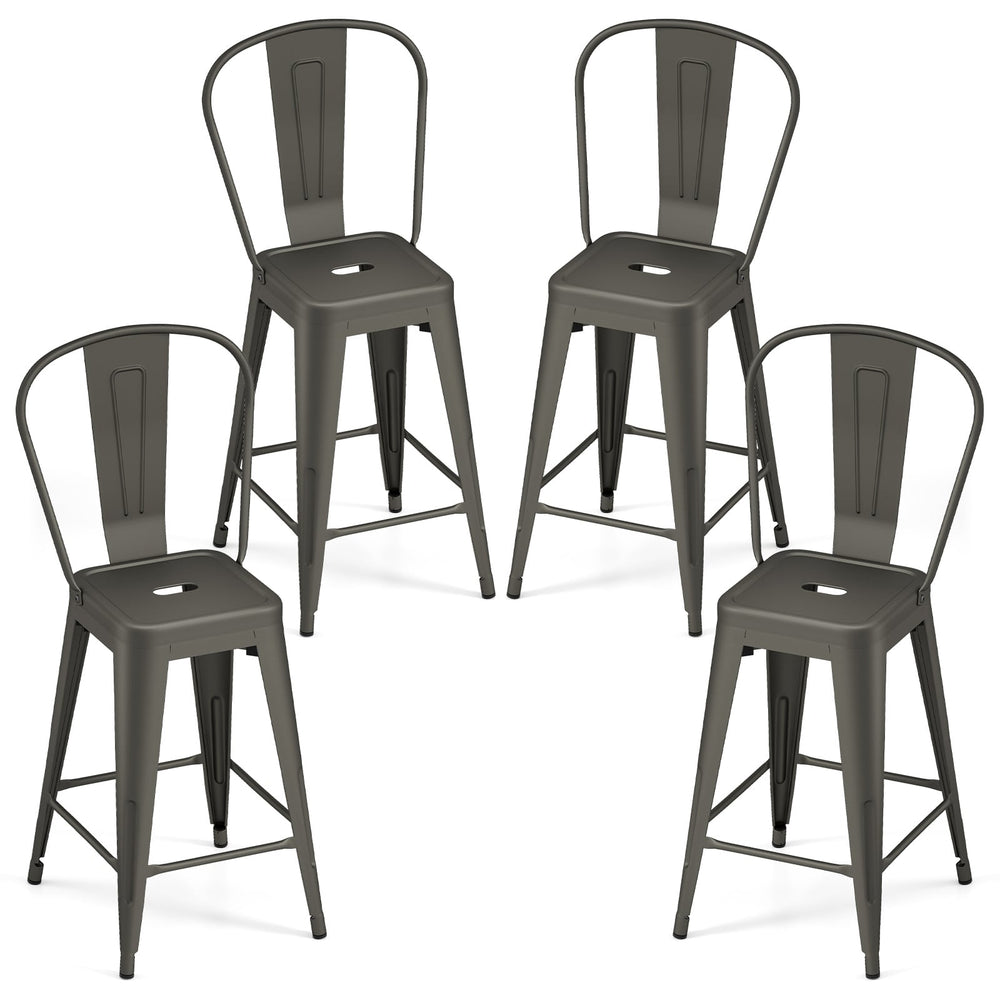 62 cm Metal Bar Stools Set of 4 with Backrests and Footrests-Gun