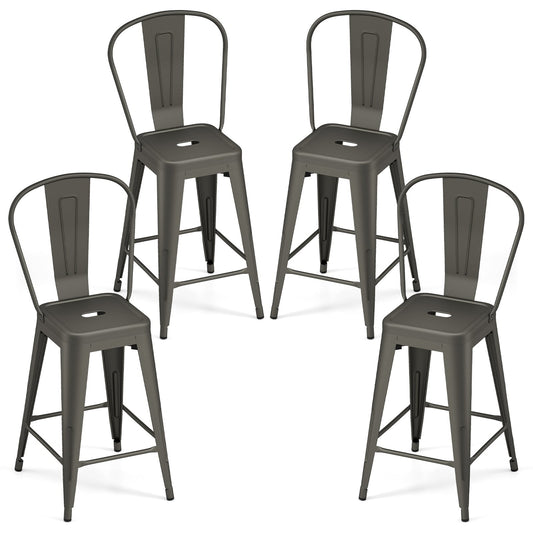 62 cm Metal Bar Stools Set of 4 with Backrests and Footrests-Gun